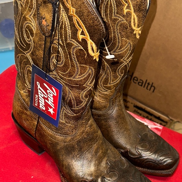 Tony Lama Brown Leather Boots with Gold Embroidery